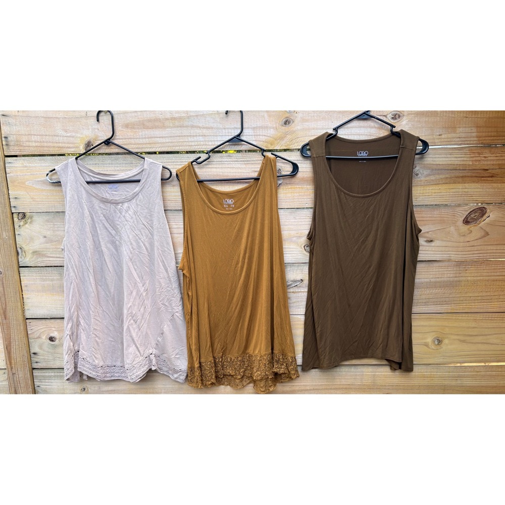 LOGO Layers by Lori Goldstein Tank Top Bundle 3pc Lace Trim Brown Mustard 1X